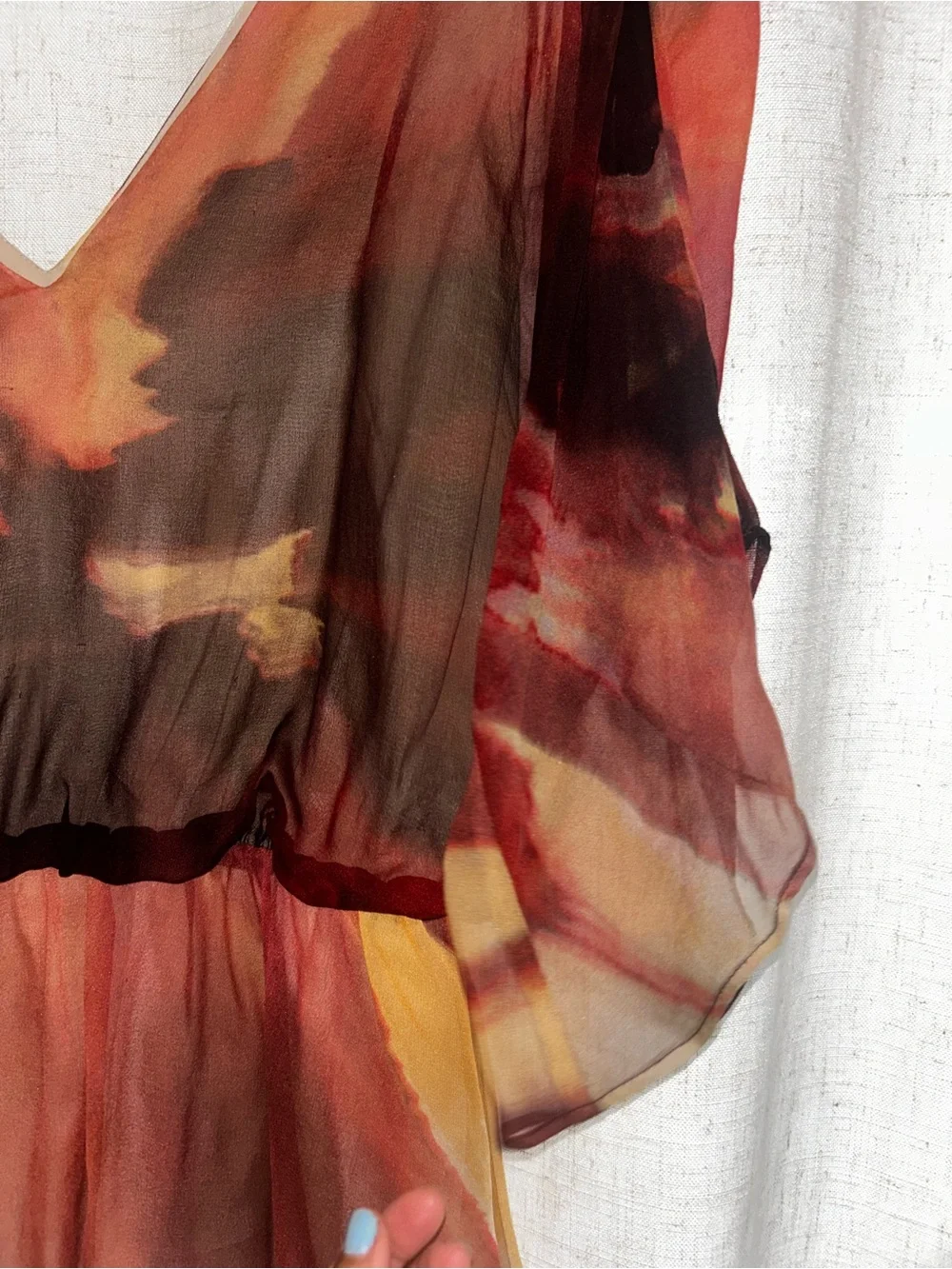 Alice + Olivia Sheer V-Neck Blouse in Rust, Brown, Gold Watercolor
